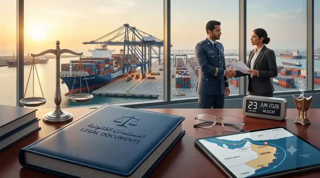 "A professional scene showing an expert lawyer and a logistics officer shaking hands in an office overlooking a port with shipping containers in Oman, representing legal compliance and trade."