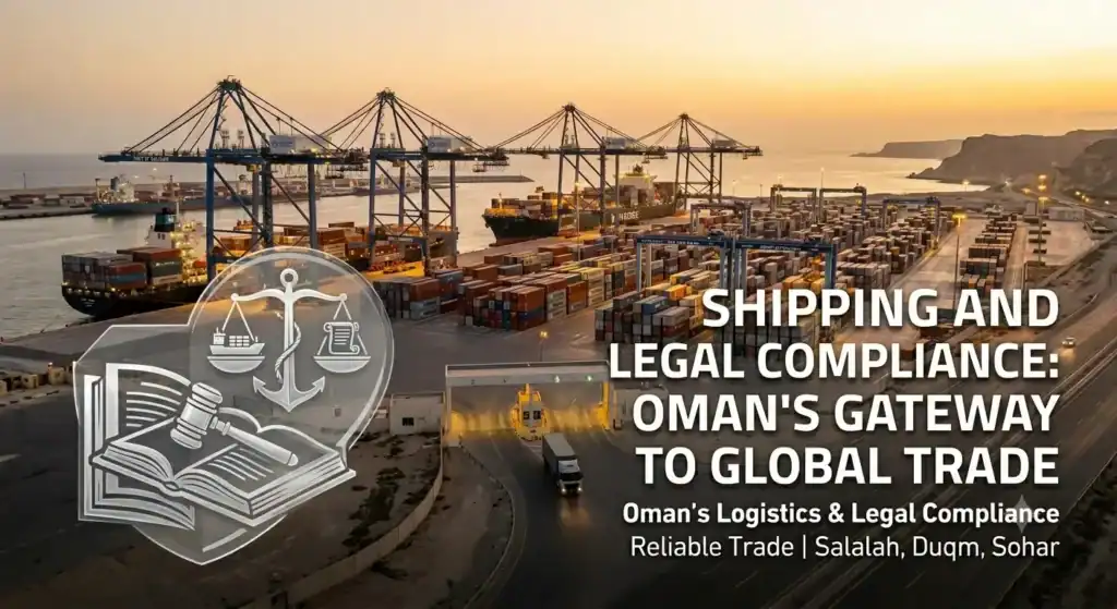 "Oman logistics port view with shipping containers and legal compliance scales symbol."
