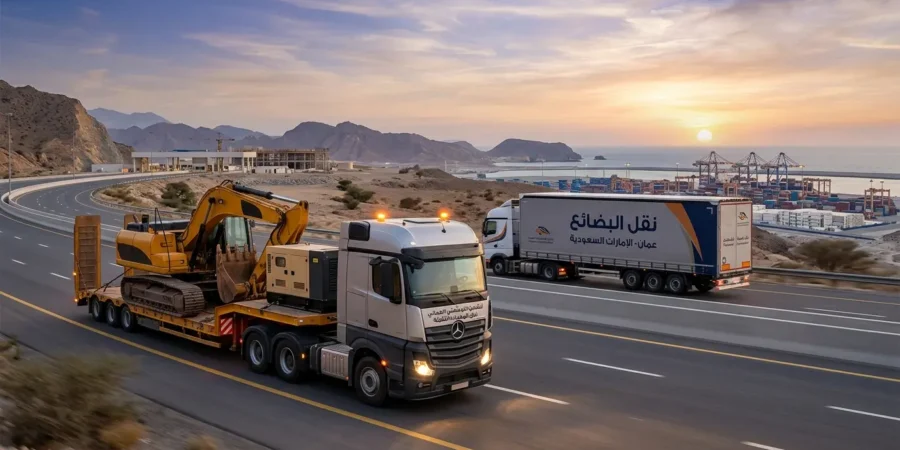 شحن بضائع ومعدات ثقيلة على شاحنة لوجستية في الطريق البري من موانئ سلطنة عمان إلى دول الخليج